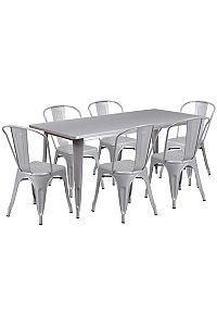Image of Flash Furniture Commercial Grade 31.5  x 63  Rectangular Silver Metal Indoor-Outdoor Table Set with 6 Stack Chairs