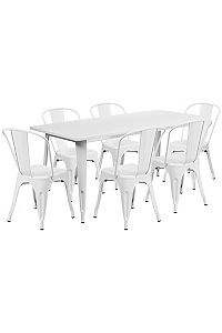 Image of Flash Furniture Commercial Grade 31.5  x 63  Rectangular White Metal Indoor-Outdoor Table Set with 6 Stack Chairs