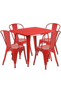 Image of Flash Furniture Commercial Grade 31.5  Square Red Metal Indoor-Outdoor Table Set with 4 Stack Chairs