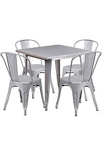 Image of Flash Furniture Commercial Grade 31.5  Square Silver Metal Indoor-Outdoor Table Set with 4 Stack Chairs