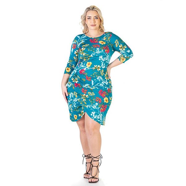 Plus Size 24Seven Comfort Apparel Elbow Sleeve Ruched Knee Length Dress