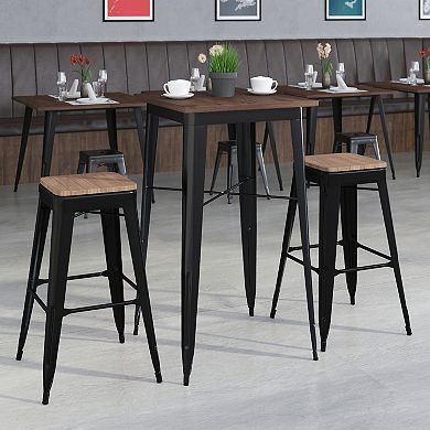 Flash Furniture 23.5" Square Metal Bar Table with Wood Top & Backless Stools 3-Piece Set 