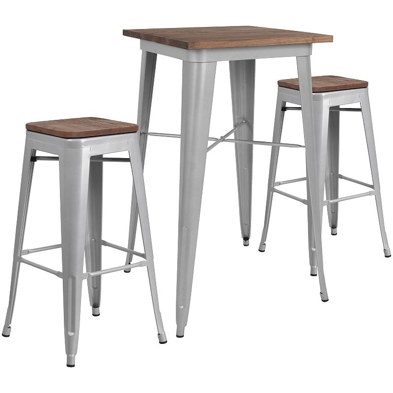 Flash Furniture 23.5 Square Metal Bar Table with Wood Top & Backless Sto
