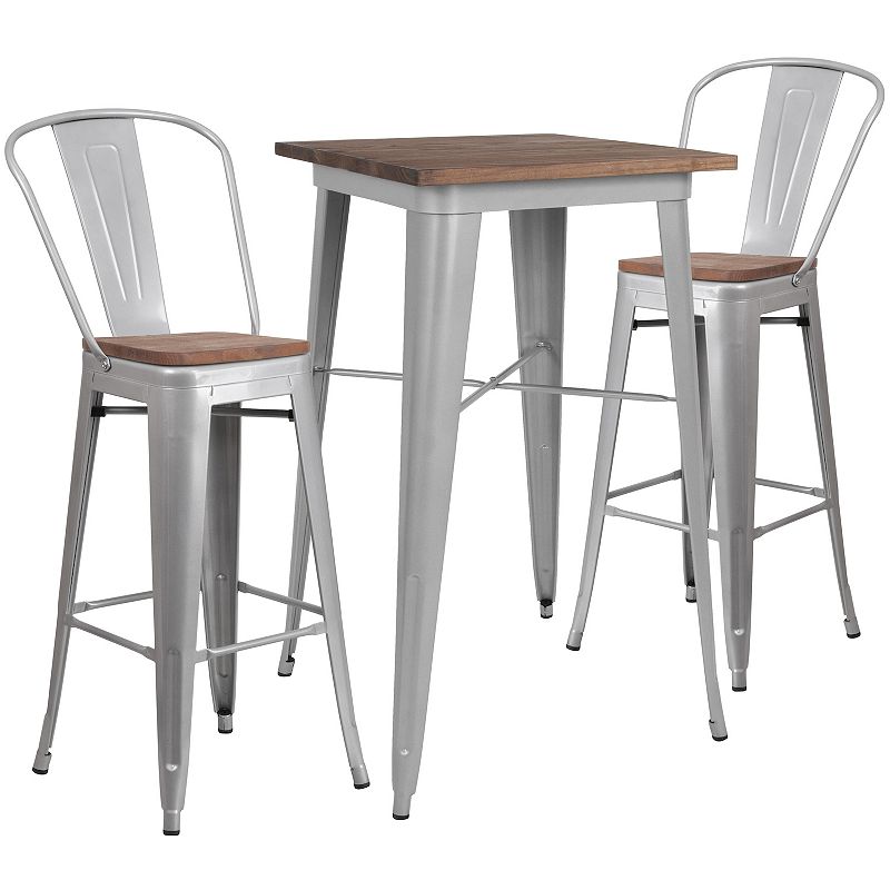 Flash Furniture 23.5 Square Metal Bar Table with Wood Top & Stools 3-Pie