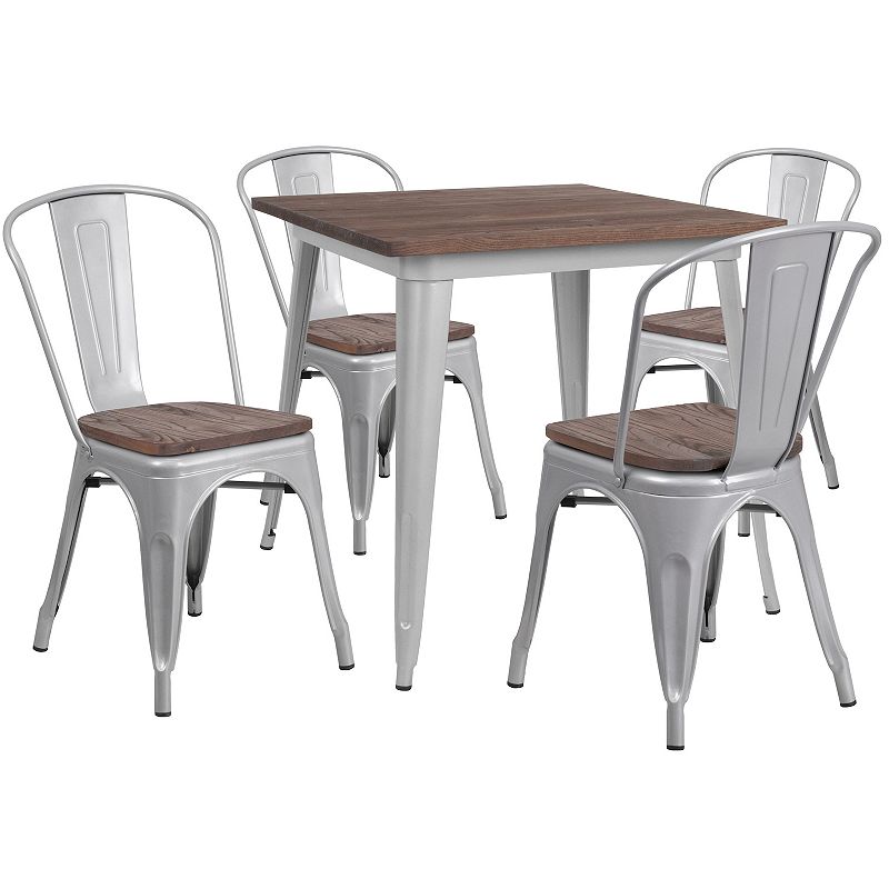 Flash Furniture 31.5 Square Metal Table with Wood Top & Stack Chairs 5-P