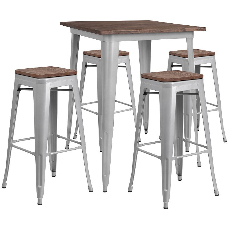 Flash Furniture 31.5 Square Metal Bar Table with Wood Top & Backless Sto