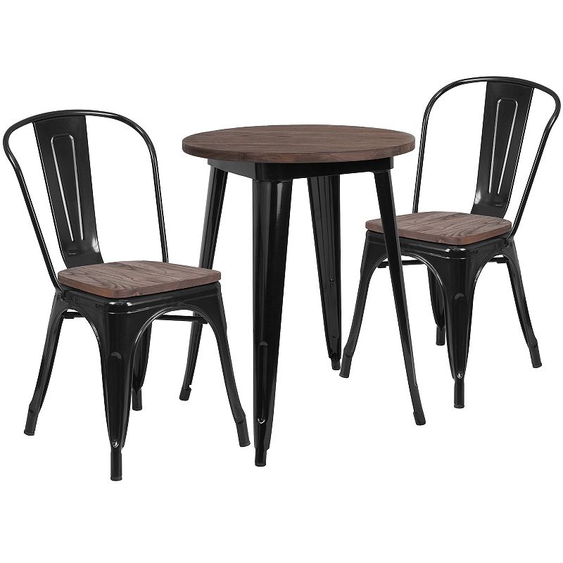 Flash Furniture 24 Round Metal Table with Wood Top & Stack Chairs 3-Piec