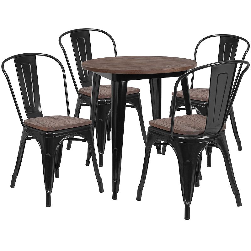 Flash Furniture 26 Round Metal Table with Wood Top & Stack Chairs 5-Piec