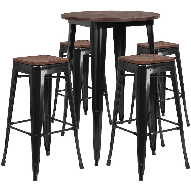 Flash Furniture 30 Round Metal Bar Table with Wood Top & Backless Stools