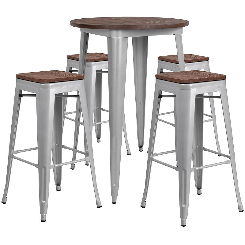 Flash Furniture 30 Round Metal Bar Table with Wood Top & Backless Stools