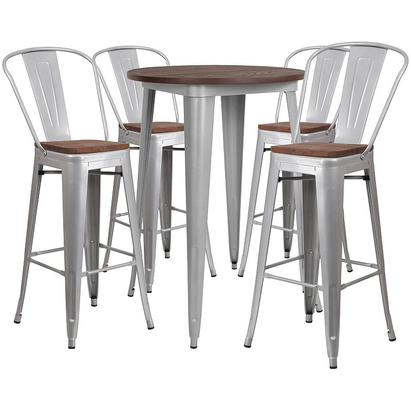 Flash Furniture 30 Round Metal Bar Table with Wood Top & Stools 5-Piece 