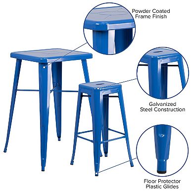 Flash Furniture Commercial Grade 23.75" Square Metal Indoor-Outdoor Bar Table & Square Seat Backless Stools 3-Piece Set