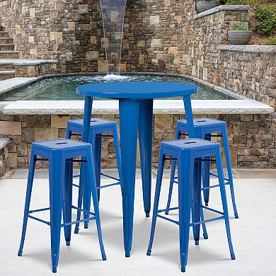 Flash Furniture Commercial Grade 30" Round Metal Indoor-Outdoor Bar Table & Square Seat Backless Stools 5-Piece Set