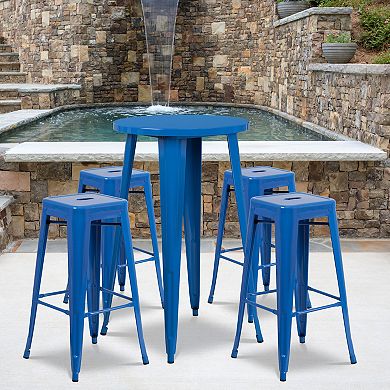 Flash Furniture Commercial Grade 24" Round Metal Indoor-Outdoor Bar Table & Square Seat Backless Stools 5-Piece Set