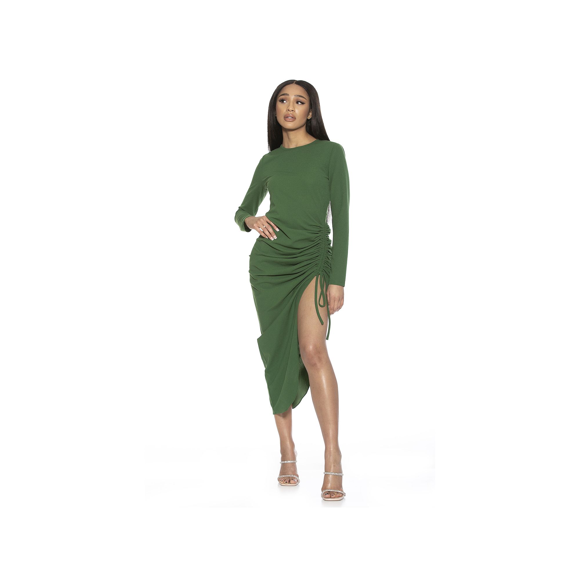 Womens ALEXIA ADMOR Nikki Crewneck Long Sleeve Side Ruched Maxi Dress, Siz