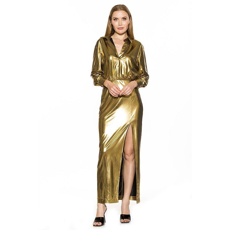 Womens ALEXIA ADMOR Rae Long Sleeve Button Down Maxi Dress, Size: XS, Gold