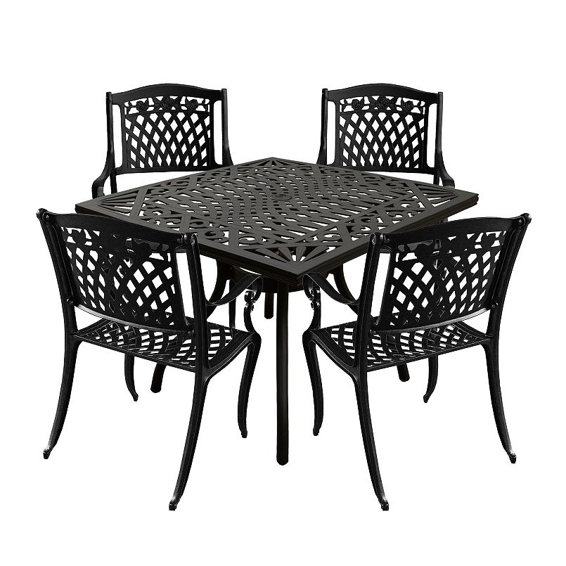 Oakland Living outdoor dining table with four matching lattice chairs in black