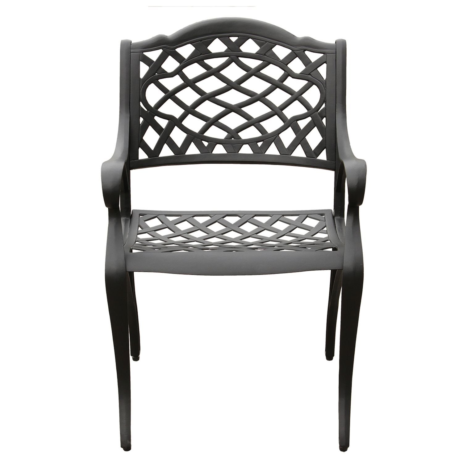 Front view of ornate cutout outdoor armchair with lattice back