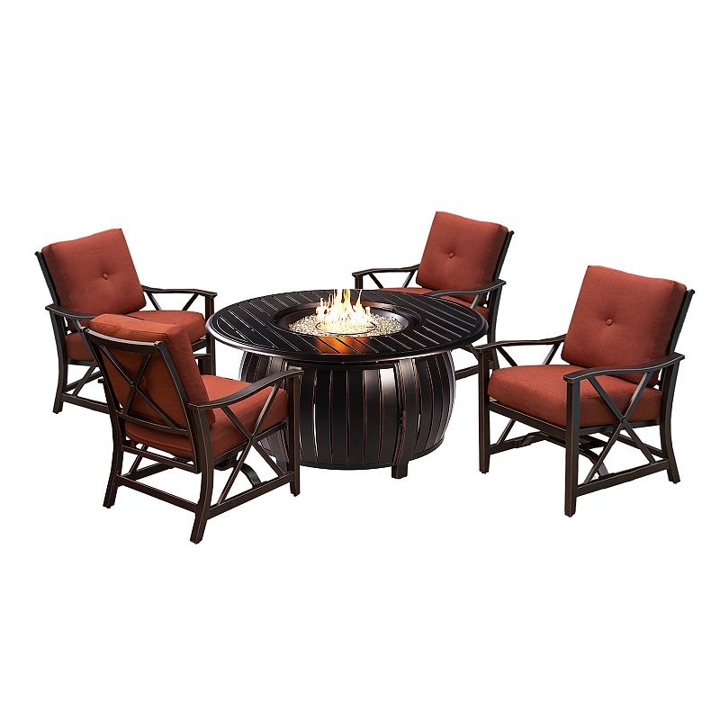 Oakland Living Antique-Inspired Round Fire Table & Deep Seat Rocking Patio 
