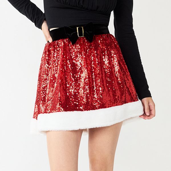 Juniors' Born Famous Sequined Mrs. Claus Skater Skirt