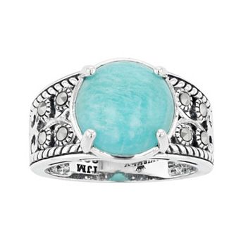 Lavish by TJM Sterling Silver Amazonite Cabochon & Marcasite Dome Ring