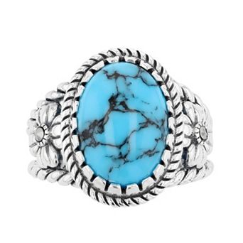 Lavish by TJM Sterling Silver Lab-Created Turquoise Cabochon & Marcasite Oval Ring