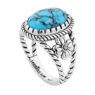 Lavish by TJM Sterling Silver Cabochon Lab-Created Turquoise & Marcasite Oval Ring
