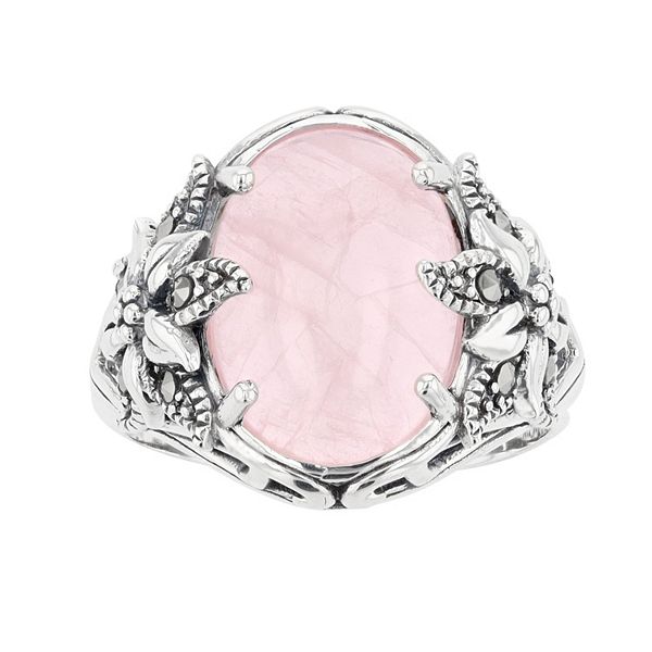 Lavish by TJM Sterling Silver Ice Rose Quartz Cabochon & Marcasite Ring