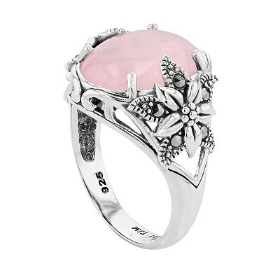 Lavish by TJM Sterling Silver Ice Rose Quartz Cabochon & Marcasite Ring