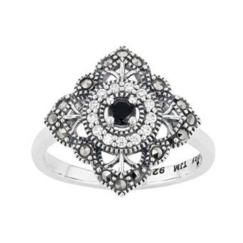 Lavish by TJM Sterling Silver Black Spinel & Marcasite & White Cubic Zirconia Accent Filigree Ring