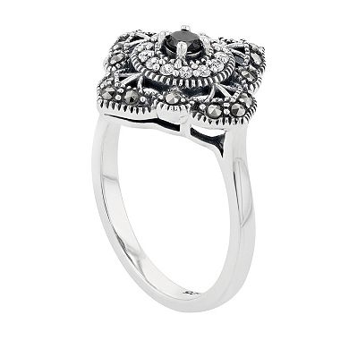 Lavish by TJM Sterling Silver Black Spinel & Marcasite & White Cubic Zirconia Accent Filigree Ring