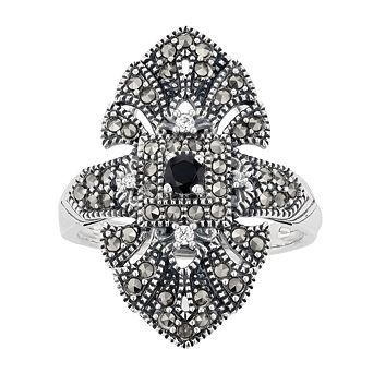 Lavish by TJM Sterling Silver Black Spinel & Marcasite & Cubic Zirconia Accent Ring