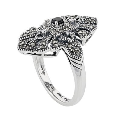 Lavish by TJM Sterling Silver Black Spinel & Marcasite & White Cubic Zirconia Accent Ring