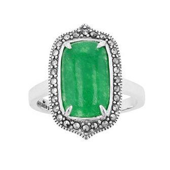 Lavish by TJM Sterling Silver Jade Cabochon & Marcasite Rectangular Ring