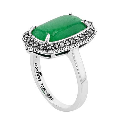 Lavish by TJM Sterling Silver Jade Cabochon & Marcasite Rectangular Ring