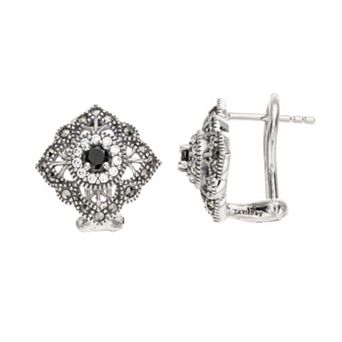 Lavish by TJM Sterling Silver Black Spinel, Marcasite & Cubic Zirconia Accent Omega Earrings
