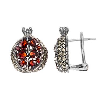 Lavish by TJM Sterling Silver Garnet & Marcasite Pomegranate Omega Earrings