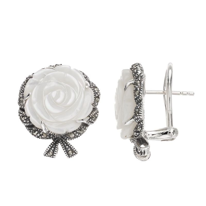 Lavish by TJM Sterling Silver Mother Of Pearl Rose & Marcasite Omega Earrin