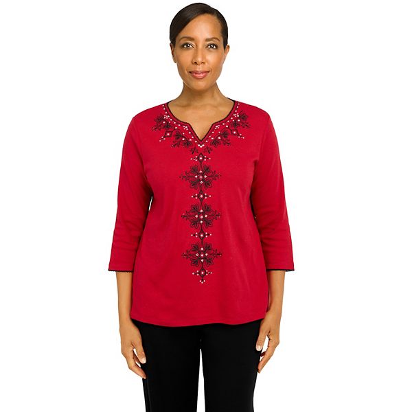 Petite Alfred Dunner Empire State Solid Splitneck Three Quarter Sleeve Top