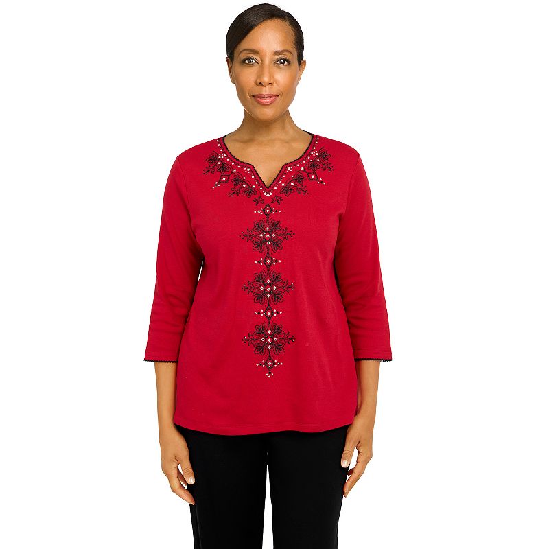 Petite Alfred Dunner Empire State Solid Splitneck Three Quarter Sleeve Top,