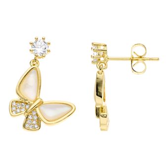 14k Gold Over Silver Mother-of-Pearl & Cubic Zirconia Butterfly Earrings