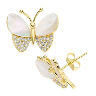 14k Gold Over Silver Mother-of-Pearl & Cubic Zirconia Pave Butterfly Earrings