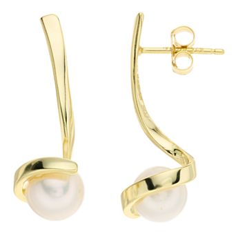 14k Gold Over Silver 7 mm Freshwater Cultured Pearl Ribbon Gift Linear Drop Earrings