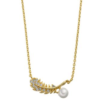 14k Gold Over Silver Freshwater Cultured Pearl & Cubic Zirconia Fern Leaf Necklace