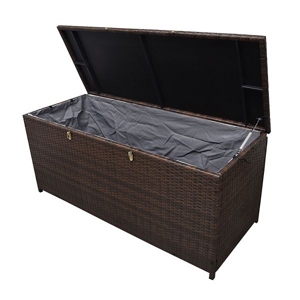 Oakland Living 113 gal Patio Storage Bin - Brown: UV Resistant Resin Wicker, Metal Frame, Pneumatic Hinge