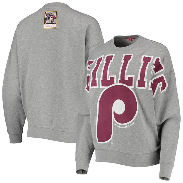 Women's Mitchell & Ness Heathered Gray Philadelphia Phillies Cooperstown  Collection Logo Lightweight Pullover Sweatshirt