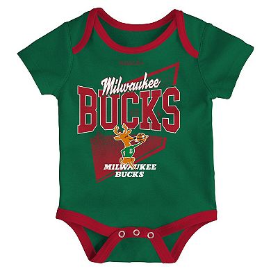 Infant Mitchell & Ness Hunter Green/Red Milwaukee Bucks Hardwood Classics Bodysuits & Cuffed Knit Hat Set
