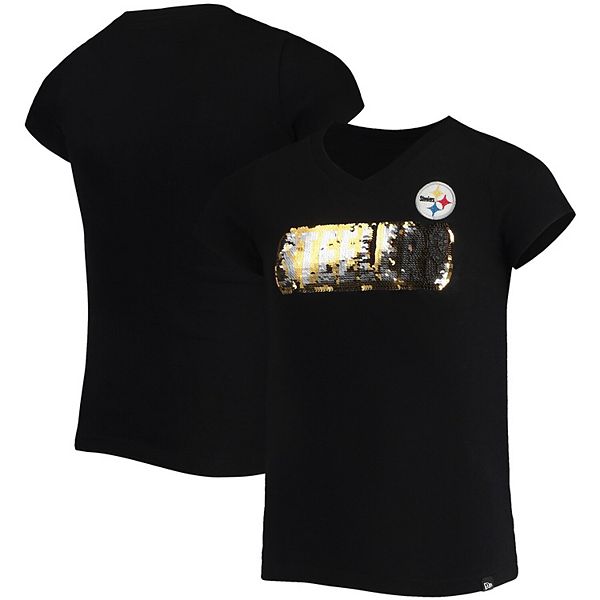 Pittsburgh Steelers New Era Girls Youth Reverse Sequin Wordmark V-Neck T- Shirt - Black