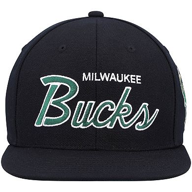 Men's Mitchell & Ness Black Milwaukee Bucks Hardwood Classics Script 2.0 Snapback Hat