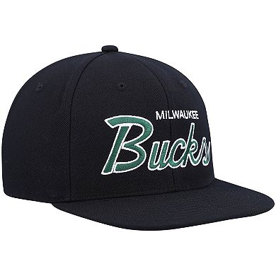 Men's Mitchell & Ness Black Milwaukee Bucks Hardwood Classics Script 2.0 Snapback Hat